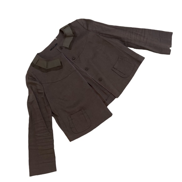 Elie Tahari olive linen blend cropped jacket Overstitching collar size small - Picture 2 of 11